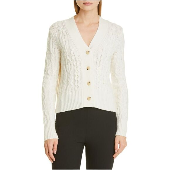 Vince Triple Braid Cable Wool & Cashmere Cardigan Medium Eggshell white $445 - Picture 2 of 4